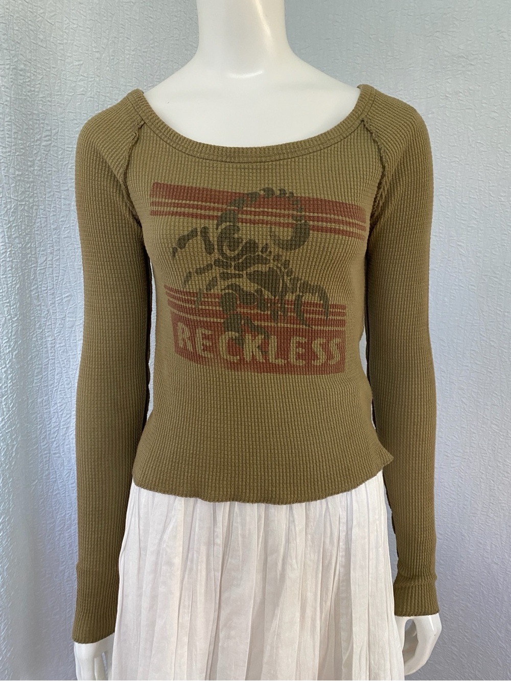 We The Free Free People Olive Thermal RECKLESS' Graphic Long Sleeve Top